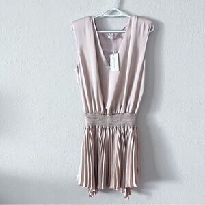 NWT Ramy Brook Rori Champagne Smocked Pleated Mini Dress Size L